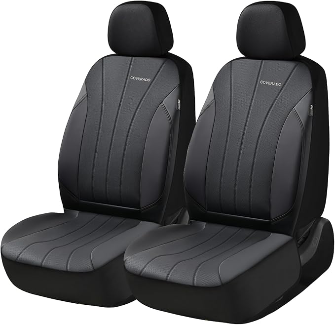Coverado Car Seat Covers Front Seats, Automotive Seat Covers 2 Pack, Leather Car Seat Covers, Airbag-Compatible, Spill-Proof Design, Black Seat Covers for SUV Sedan Truck