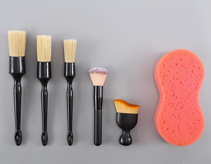 6PCS Car Detailing Brush Set, Ultra Soft Boars Hair Detail Brushes, Automotive Cleaning Brush Kit for Wheels, Air Vent, Leather Seats, Vehicles Auto Exterior Interior Detailing Brushes Tool