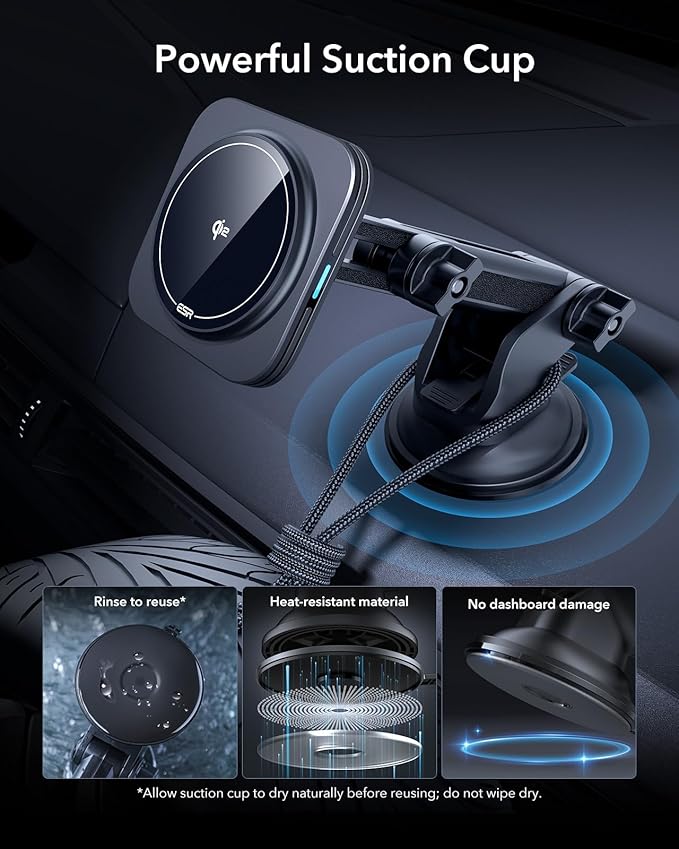 ESR for Qi2 15W MagSafe Car Mount Charger, for MagSafe Car Charger, Suction Cup Magnetic Wireless Car Charging, Dashboard Car Phone Mount for iPhone 17/16/15/14/13/12, S25, Pixel 10, Fast Charging