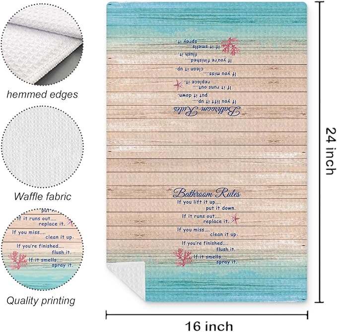 Funny Bathroom Rules Decorative Hand Towels Set of 2, Rustic Farmhouse Hand Towels for Bathroom Decor, 16x24 Inch(Beach Style)