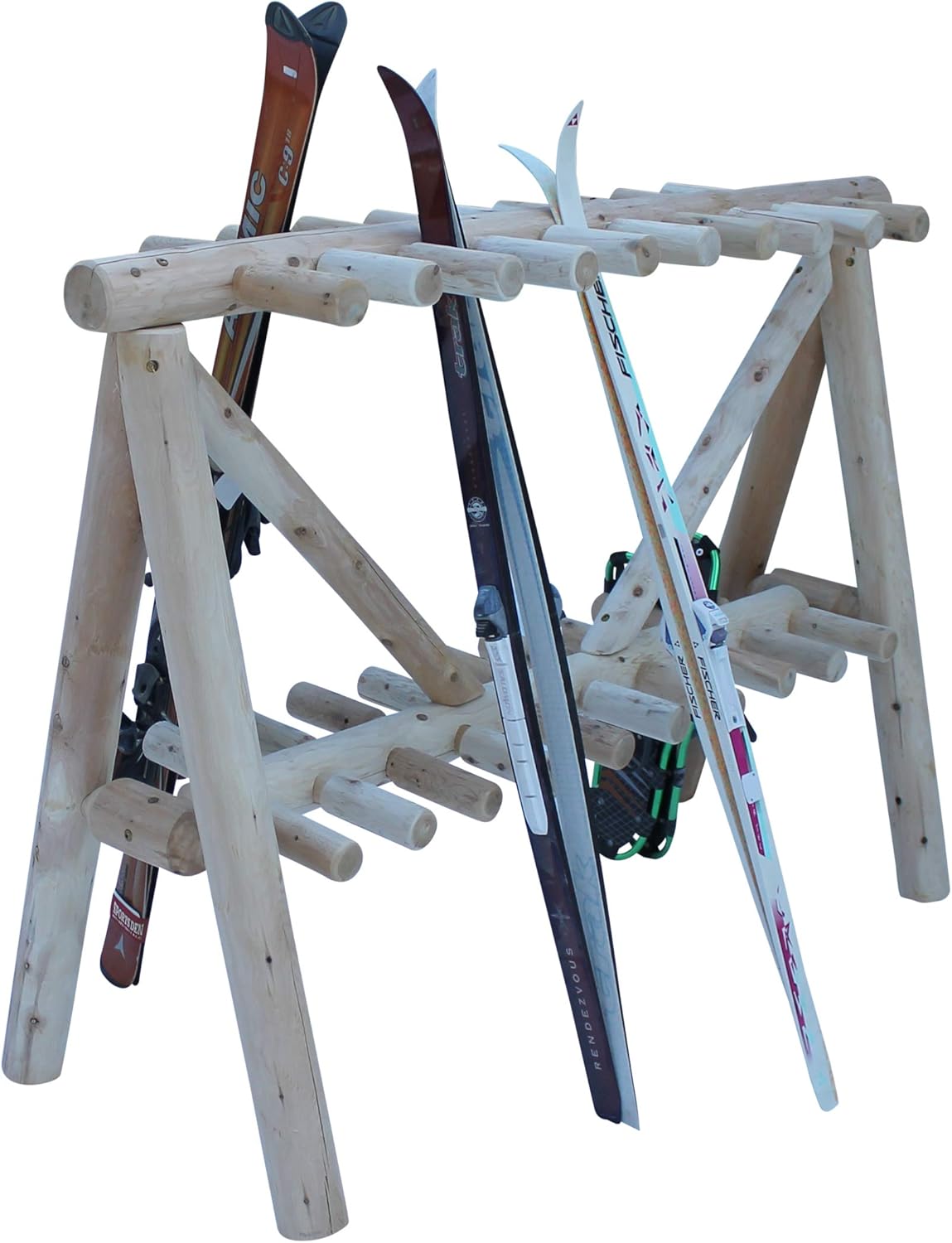21-Place Freestanding Log Ski Rack Holder, Indoor & Outdoor Snowboard Racks, Standing Storage, Garage Racks for Snow Skis & Poles, Snowboard Rack Garage Storage Organizer - Natural + 15" Anchor Kit