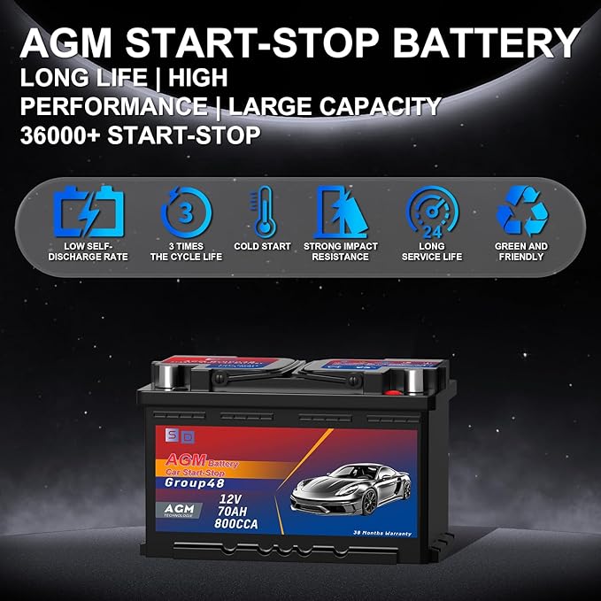 Group 48 AGM Start-Stop Car Battery, 12v 70AH 800 CCA Maintenance Free Automotive Replacement Batteries, 38 Month Warranty