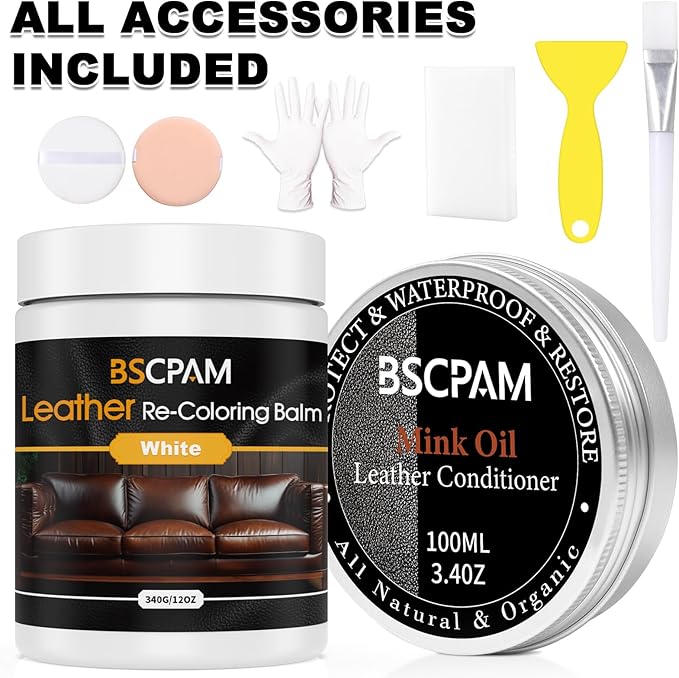 12oz Leather Recoloring Balm & 3.4oz Mink Oil Leather Conditioner kit,White Leather Color Repair Kits for Couches, Leather Couch Paint Scratch Repair for Furniture Car Sofa Shoes Leather Dye