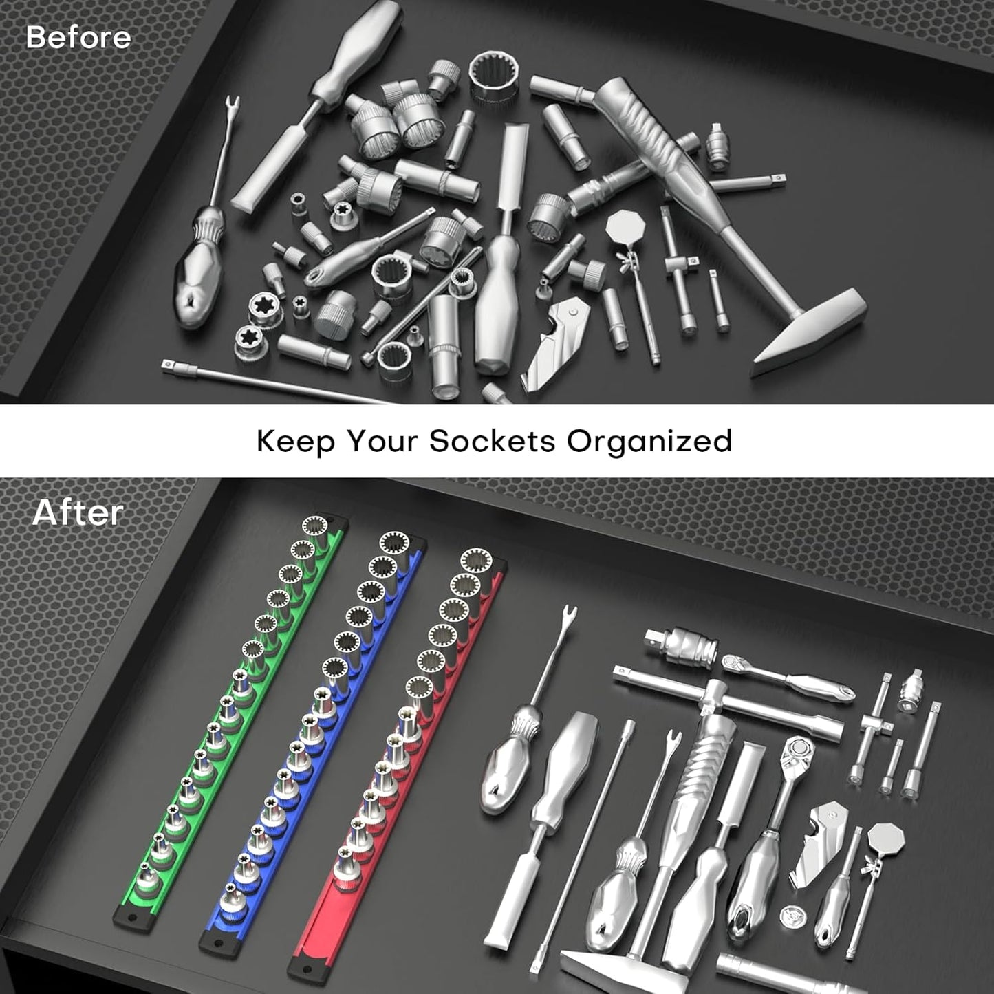 Magnetic Socket Holder Organizer Set, 6-Piece Heavy Duty Aluminum Alloy Socket Holder, 360° Swivel 1/2, 3/8, 1/4-Inch Socket Trays Socket Organizer Holds 80-Piece Standard Size Sockets