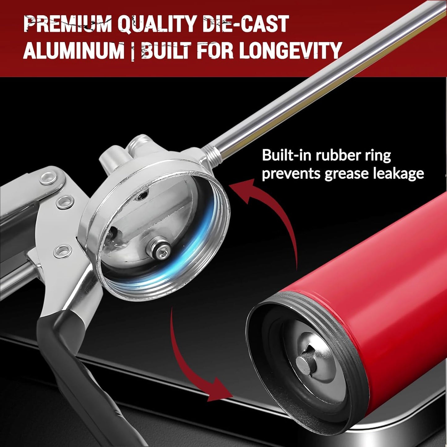 Heavy Duty Grease Gun Kit, 8000 PSI Professional Pistol Grip 14 oz Load with 12" Flex Hose, Locking Coupler, Extension Pipe, and Sharp Nozzle,Red(Upgrade)
