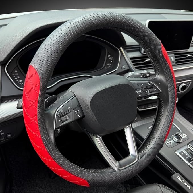 LKWLIKEI Nappa Leather Steering Wheel Cover, Elegant Diamond Checkered Design, Non-Slip wear-Resistant, Enhance Driving Comfort, Suitable for Steering Wheel Diameter 14 1/2‘-15’ Models .Black Red