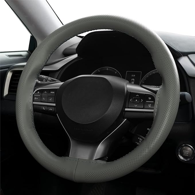 AUTOXBERT 38cm/15 Inch Genuine Leather DIY Steering Wheel Cover Soft Hand Sewing On Wrap Cover with Needles Thread fit for VW Ford Nissan Kia Vauxhall