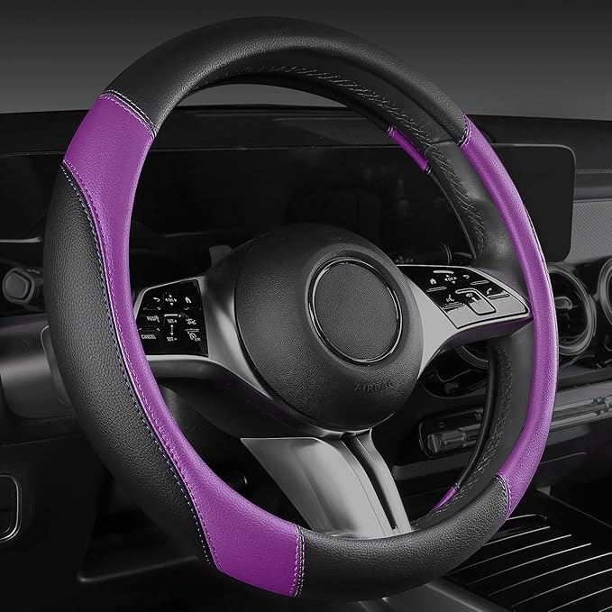 CAR PASS Faux Leather Steering Wheel Cover and Waterproof Car Floor Mats,Universal Car Combo Fit for 95% Sedan,SUV,Cars,14.5-15inch Sporty Anti-Slip Safety Comfortable Design(Black&Purple)