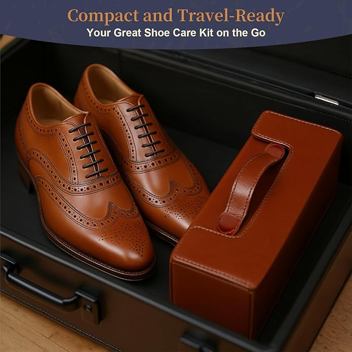 Shoe Polish Kit - Shoe Shine Kit | Leather Care Set with Horsehair Brush & Wooden Applicator | Portable Travel Case Included