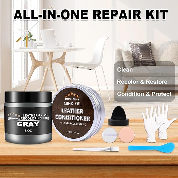STARTSO WORLD Leather Recoloring Balm with Mink Oil Leather Conditioner, Leather Repair Kit for Couches, Gray Leather Dye for Furniture, Car Seat, Sofa, Shoes, Vinyl