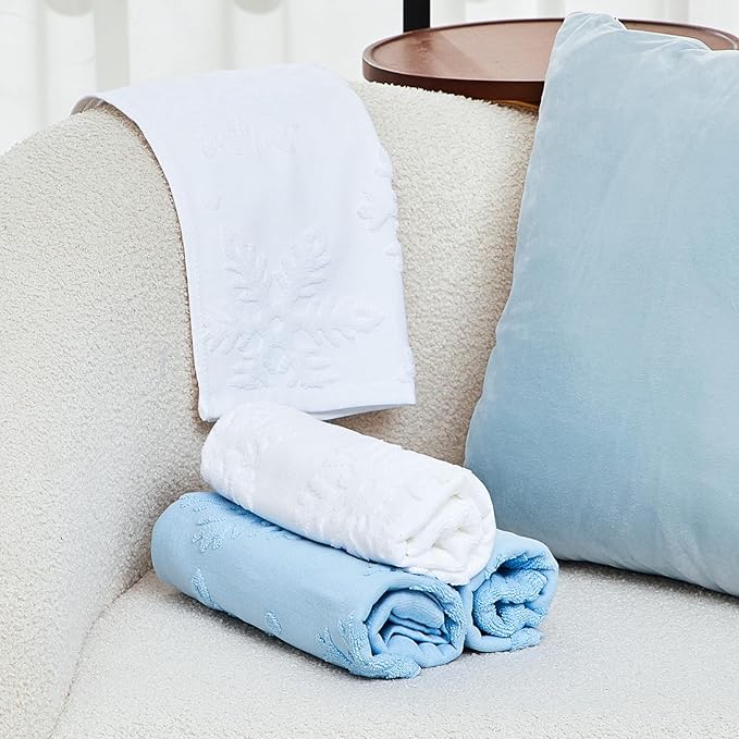 4 Pack 3D Winter Snowflake Bath Towels 14" x 30" Christmas Bathroom Hand Towels Jacquard Absorbent Soft Cotton White Blue Design Kitchen Drying Cleaning Decorative Xmas Holiday