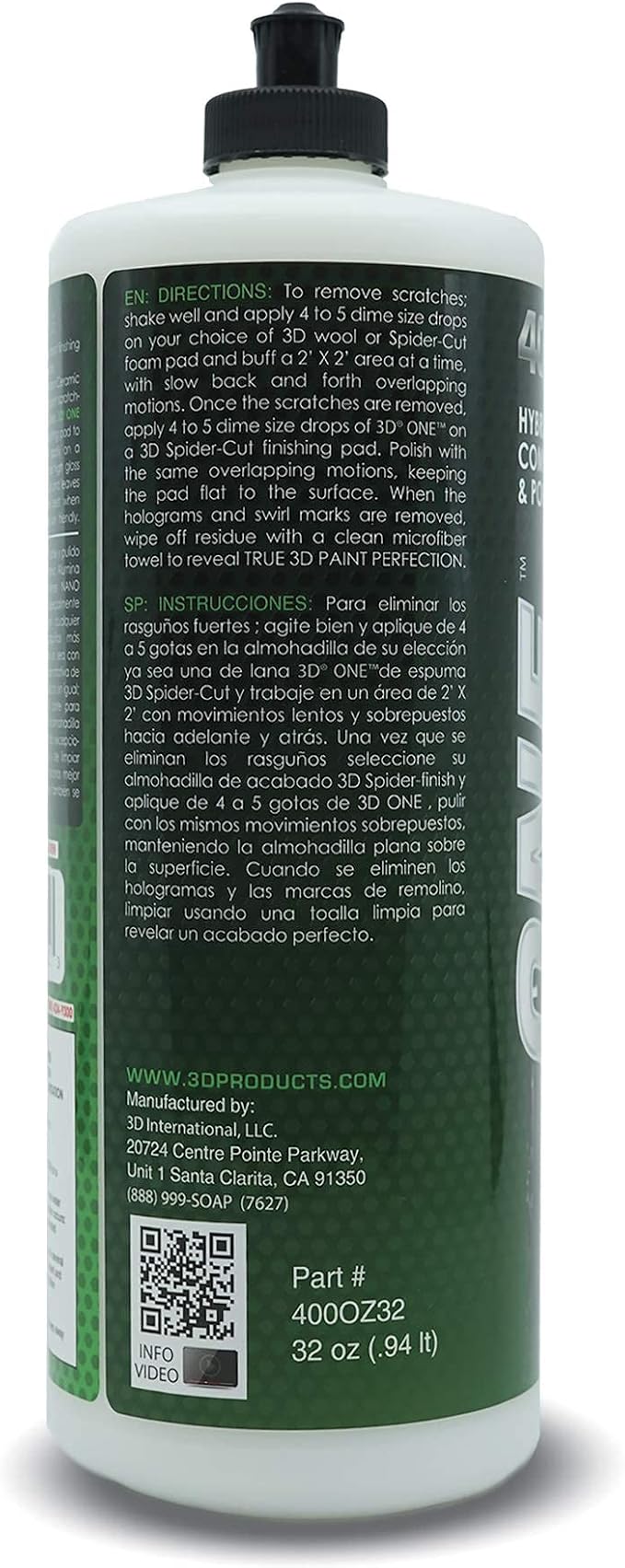 3D One Car Scratch & Swirl Remover Hybrid Rubbing Compound & Polish Buffing Compound for True Paint Correction 32oz Made in USA