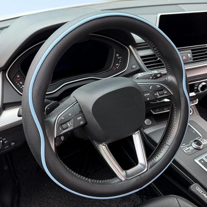 Leather Steering Wheel Cover, with Anti-Slip Stripe Design - Enhanced Grip, Fashion Style, Safe, Non-Slip, Breathable. Upgrade car Interior,Black Blue
