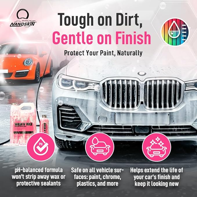 Nanoskin WASH N' WAX with Carnauba 5 gallons - Cleans & Shines in One Step | Works with Foam Cannon, Foam Gun, Bucket Washes, Pressure Washer | Carnauba Wax Protection for Cars