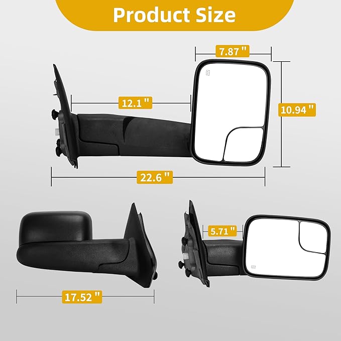 DWVO Side Towing Mirrors Compatible with 2002 2003 2004 2005 2006 2007 2008 Dodge Ram 1500, 03-09 Dodge Ram 2500 3500, Passenger Side Mirror with Power Heated Manul Folding, Black