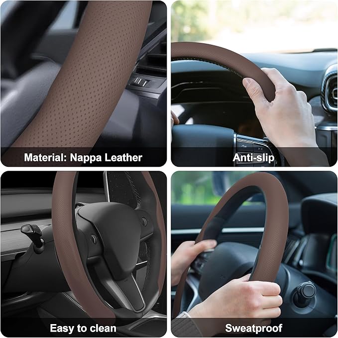 frani Nappa Leather Steering Wheel Cover, Universal 15 Inch Premium Non-Slip Steering Wheel Cover Caffee Brown