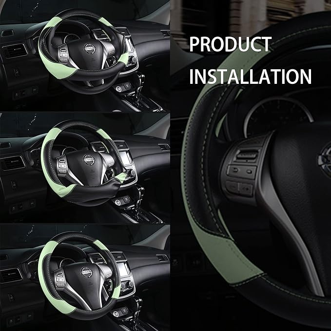 Leather Car Steering Wheel Cover, Non-Slip Car Wheel Cover Protector Breathable Microfiber Leather Universal Fit for Most Cars (Green)