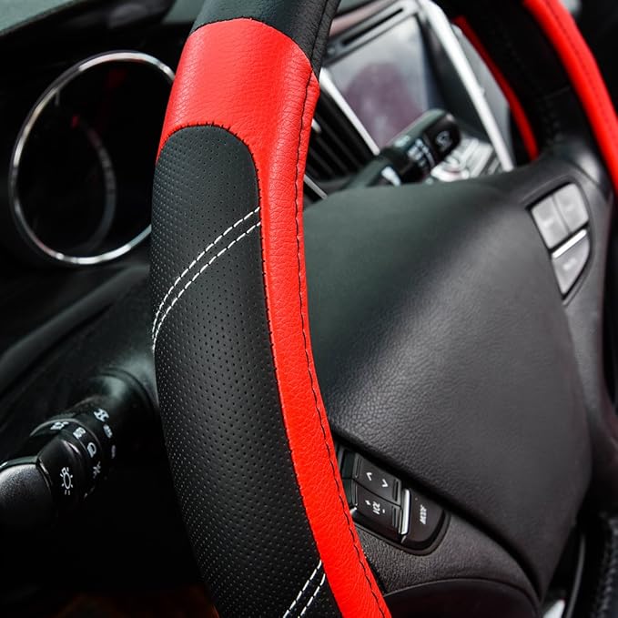 CAR PASS Line Rider Microfiber Leather Sporty Steering Wheel Cover Universal Fits for 95% Truck,SUV,Cars,14.5-15inch Anti-Slip Safety Comfortable Desgin (Black-Red)