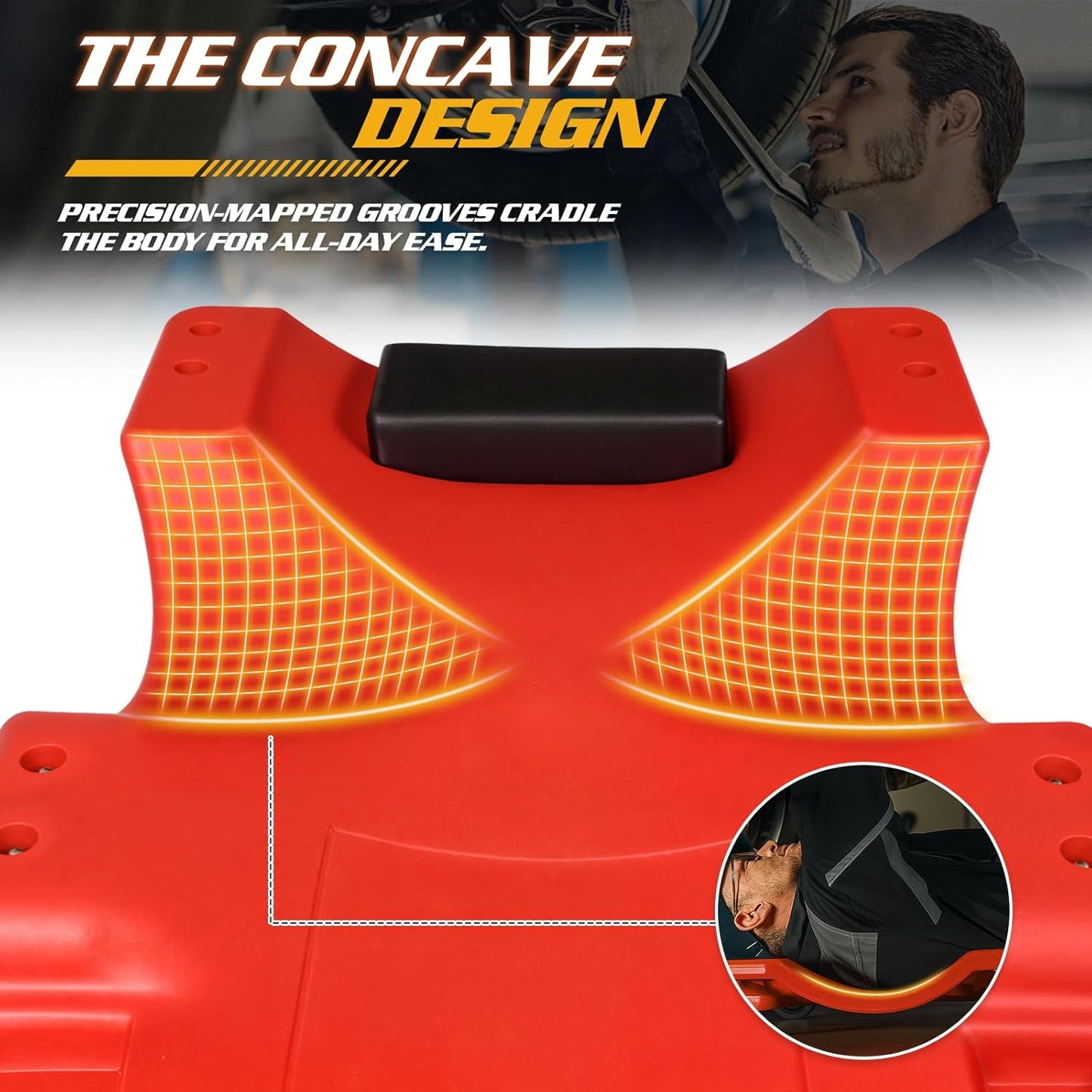 Magshion Mechanic Creeper with Padded Headrest and Tool Tray, 330 lbs Capacity Rolling Garage Shop Creeper with 6 Wheels, Lightweight and Portable Automotive Creeper (Red)