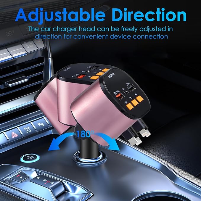 Retractable Car Charger,5 in 1 Fast Car Phone Charger 90W,Bluetooth 5.3 FM Transmitter Adapter,Handsfree Call,2 Retractable Cables and USB Cars Chargers for iPhone 17/16/15/14/13/Galaxy/Pixel