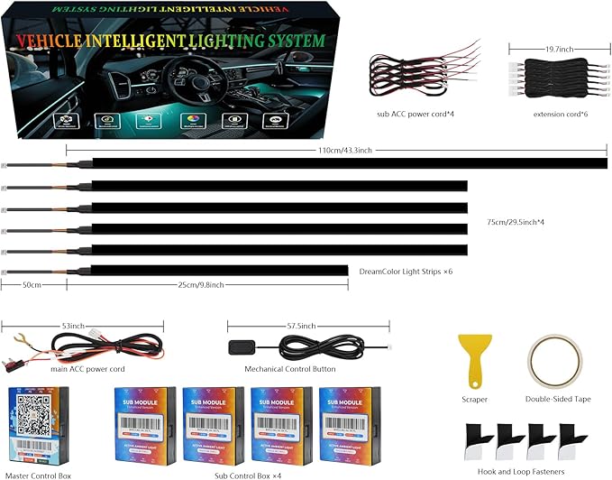 New Version Dreamcolor Acrylic Interior Car Lights 6 in 1 RGB LED Strip Lights with APP Control Zoned Control System 252 Color Modes DIY Fiber Optic Ambient Lighting Kits Music Car Neon Lights