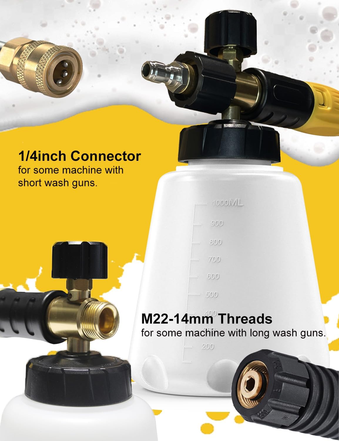 BOSEA Foam Cannon for Pressure Washer, Wide Neck Heavy Duty 4000PSI Adjustable Car Soap Dispenser for Pressure Washer with M22 and 1/4" Quick Connector, 1L Bottle