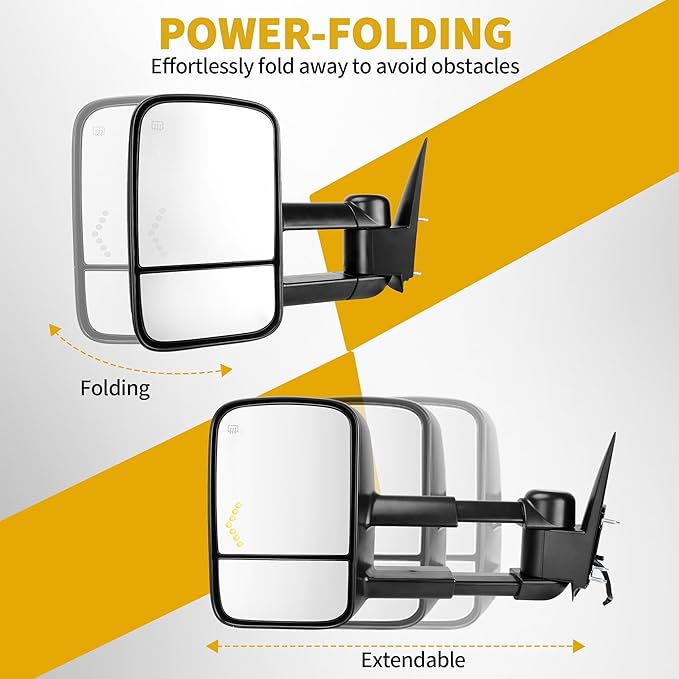 DWVO Power Heated Towing Mirrors for 2003–2007 Chevy Silverado, GMC Sierra Classic Models, Escalade, Tahoe, Suburban, Avalanche, Yukon XL, Denali with Telescoping Fold, LED Turn Signal, Black