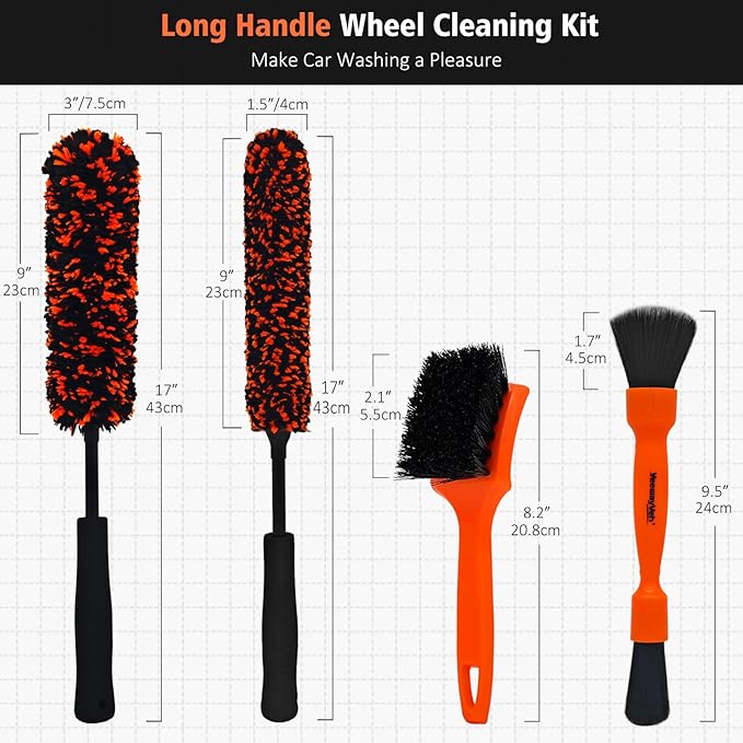 YeewayVeh 4PCS Car Wheel Cleaning Kit, 2-Size Bendable Microfiber Wool Wheel Brush Set, Tire Brush, Double-Ended Detailing Brush, Soft Non-Metallic Rim Cleaner Brushes for SUVs, RVs & Trucks