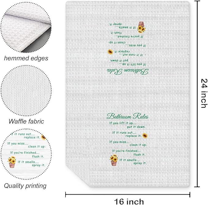 Funny Bathroom Rules Decorative Hand Towels Set of 2, Rustic Farmhouse Hand Towels for Bathroom Decor, 16x24 Inch(Sunflower Style)