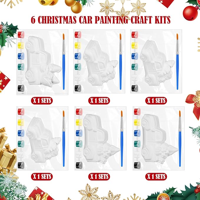 JellyArch 6 Set Christmas DIY Painting Kit Ceramic 3D Ceramic Truck to Paint Your Own Truck with Snowman Reindeer Claus Statues Unpainted Plaster Craft with Brush Paint Bag for Adult