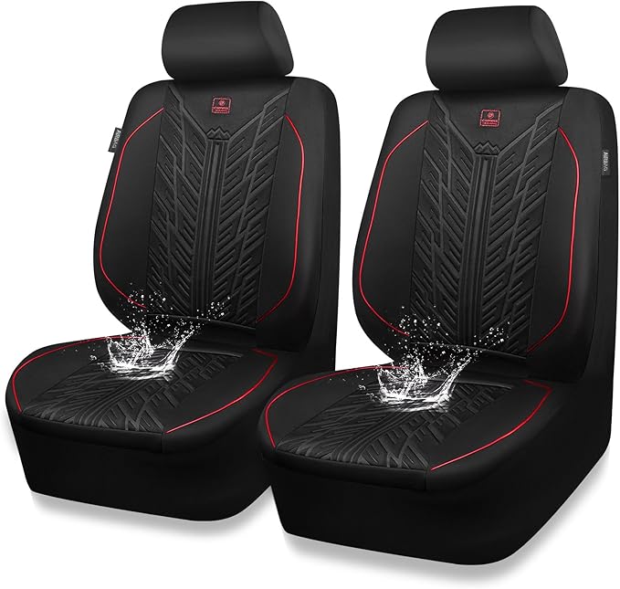 CAR PASS Waterproof Car Seat Covers Front Seats,Neoprene Seat Covers 3D Tyre Embossed,All-Weather Automotive Seat Cover Non-Slip Durable,Universal Fit for SUVs Cars Trucks, Airbag Compatible,Black Red