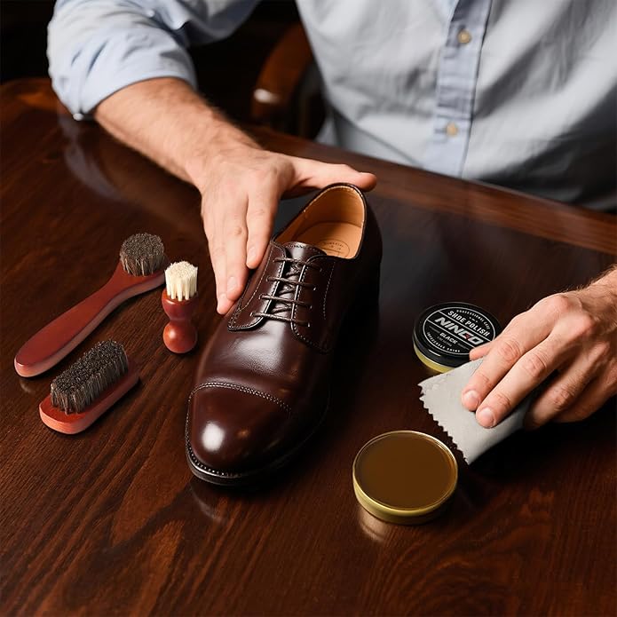 NINGO Leather Shoe Polish Kit, 16pcs Shoe Shine Kit with 6 Horsehair Brushes, 3 Black Brown Neutral Shoe Polish & Mink Oil