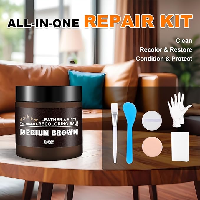 STARTSO WORLD Leather Recoloring Balm, Medium Brown Repair Kit for Furniture, Leather Dye, Color Restorer for Couches, Couch Paint | Repair, Restore & Renew Old, Faded Surfaces