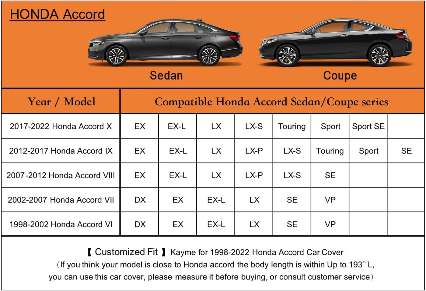 kayme 7 Layers Car Cover Custom Fit for Honda Accord Sedan/Coupe (2001-2025) Waterproof All Weather for Automobiles, Outdoor Full Cover Rain Sun UV Protection with Zipper Cotton/Black