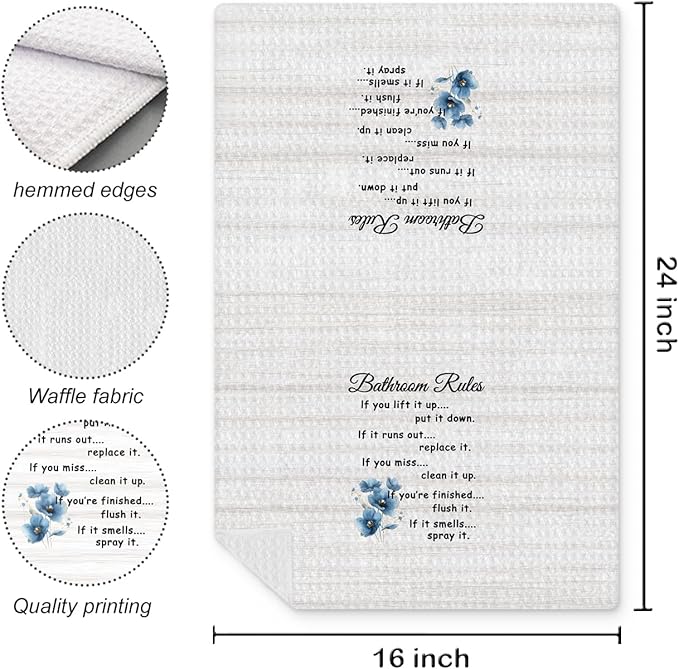 Funny Bathroom Rules Decorative Hand Towels Set of 2, Rustic Farmhouse Hand Towels for Bathroom Decor, 16x24 Inch(Blue Floral Style)