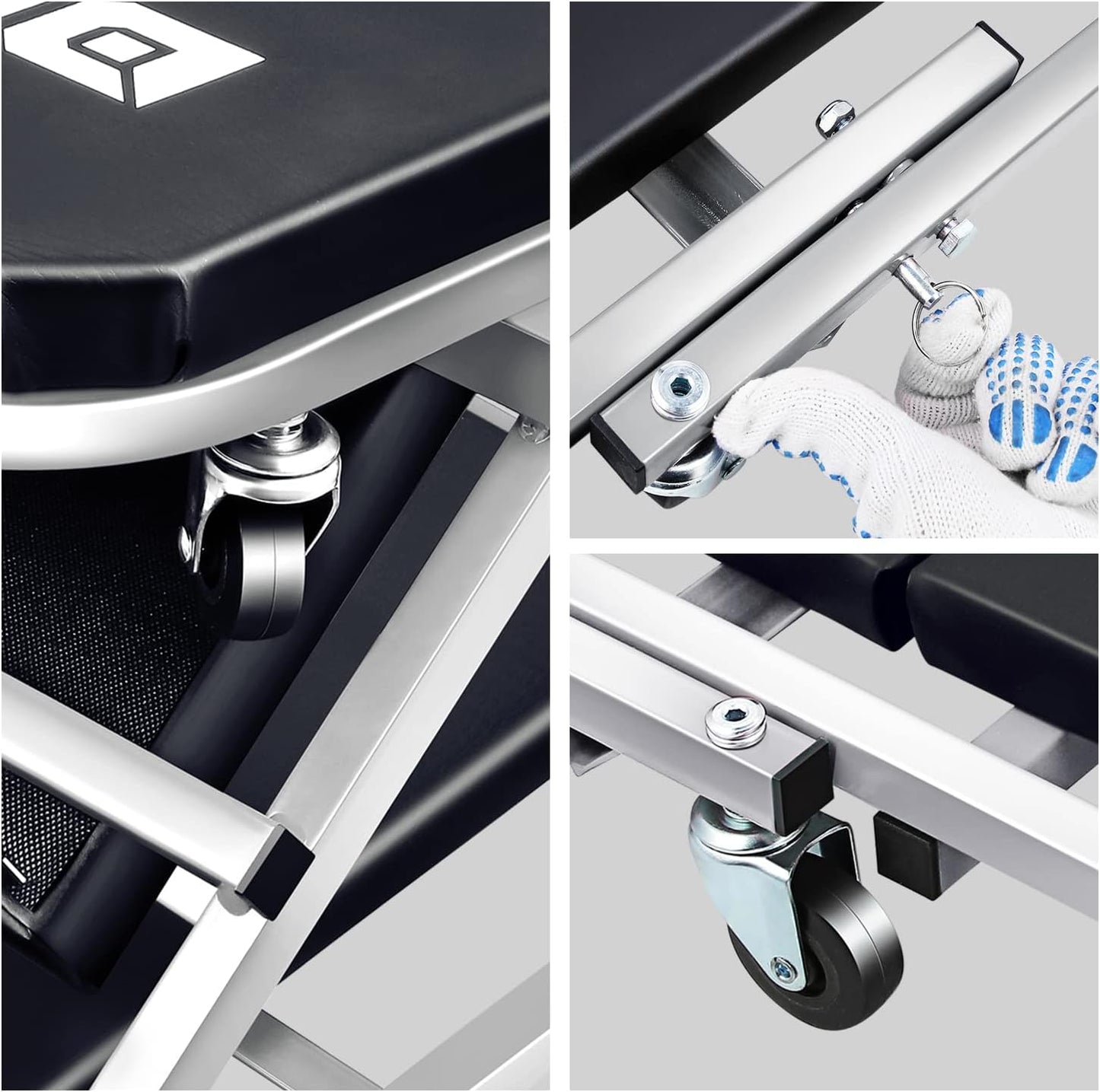 DNA MOTORING TOOLS-00187 40 Inches 2 IN 1 Rolling Folding Car Creeper/Seat, 6 Pcs 2" Casters, 150kg Weight Capacity, Gray