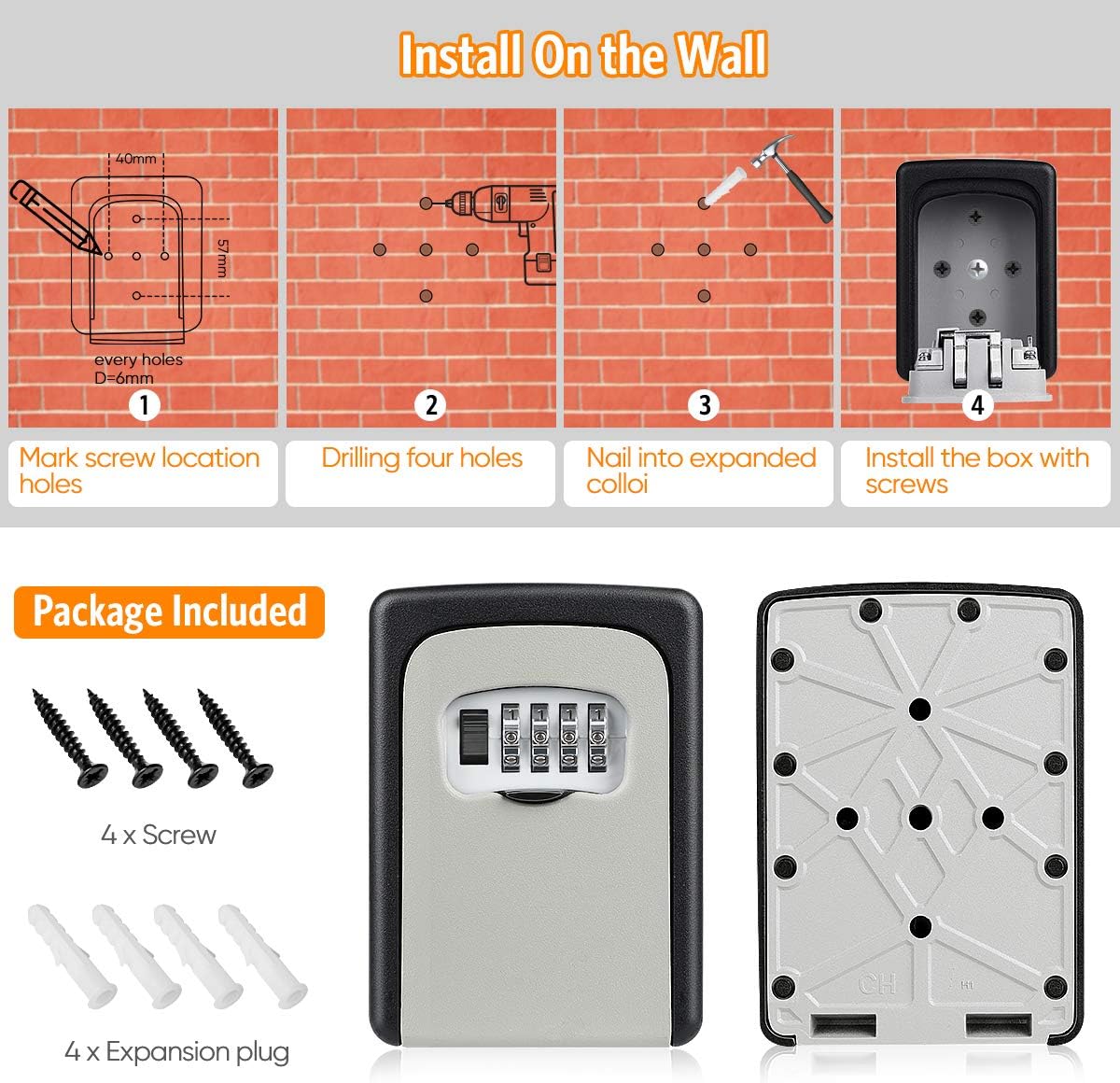Key Lock Box Wall Mounted, Fayleeko 4 Digit Combination Lockbox for Outside, House Keys - 5 Keys Capacity, Key Safe Security Storage Lock Box for Indoor, Outdoor, Garage, Garden, Store (Grey, 4Pack)