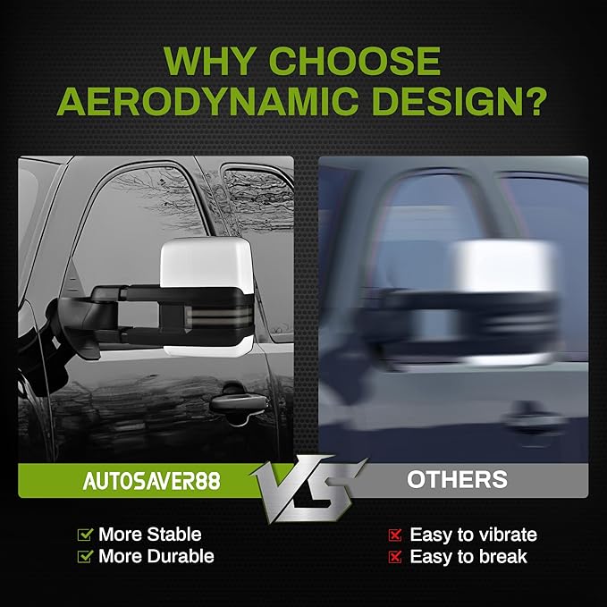 AUTOSAVER88 Towing Mirror Compatible with 2007-2013 Silverado Sierra 1500 2500HD/3500HD/Avalanche/Suburban/Yukon, Power Heated Switchback LED Turn Signal Running Light Manual Telescoping Folding White