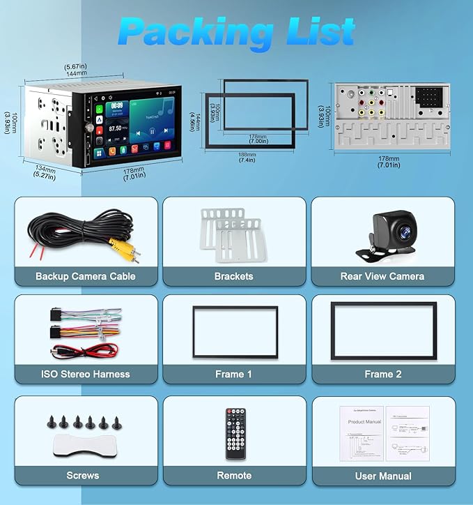 7" Wireless Double Din Car Play Stereo Apple Carplay Screen Radio Audio Receiver Android Auto Bluetooth 4.2 Channel 240W Amplifier Subwoofer MirrorLink Navigation FM/AM SWC Backup Camera Fast Charger