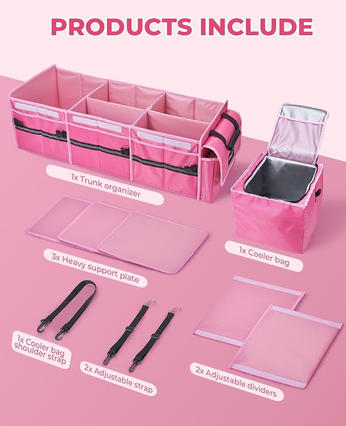 HIRALIY 4 in 1 Car Trunk Storage Organizer, Multi Compartment Foldable Trunk Storage Box with Leakproof Cooler Bag for Car Truck SUV