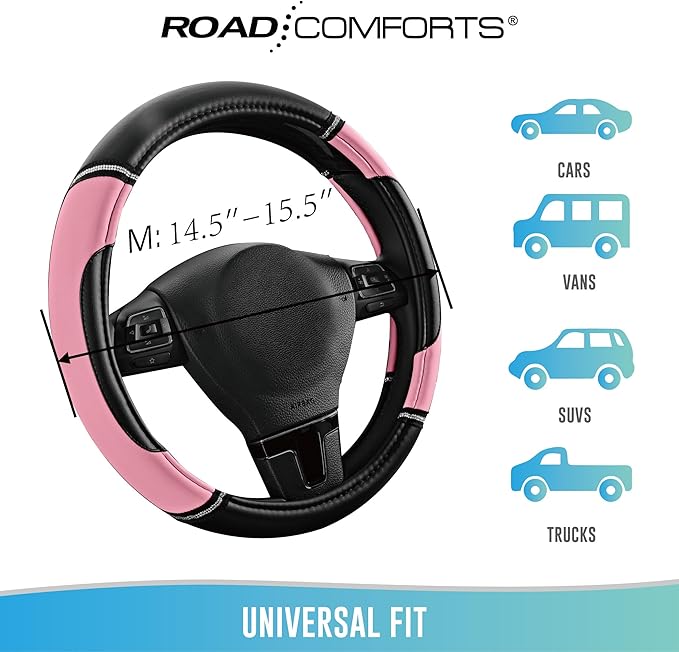 Road Comforts Leather Steering Wheel Cover - Made with PVC Leather - Anti-Slip, Universal Fit 14 1/2 inches to 15 inches - Pink