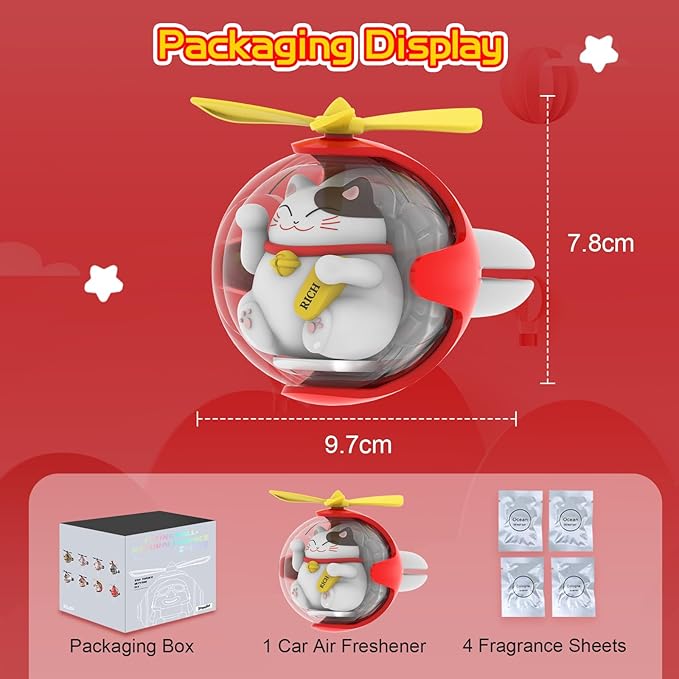 Lucky Cat Car Air Freshener with 6 Colors LED Lights & 4 Scented Pads – Subtle Fragrance, Decorative Auto Accessories