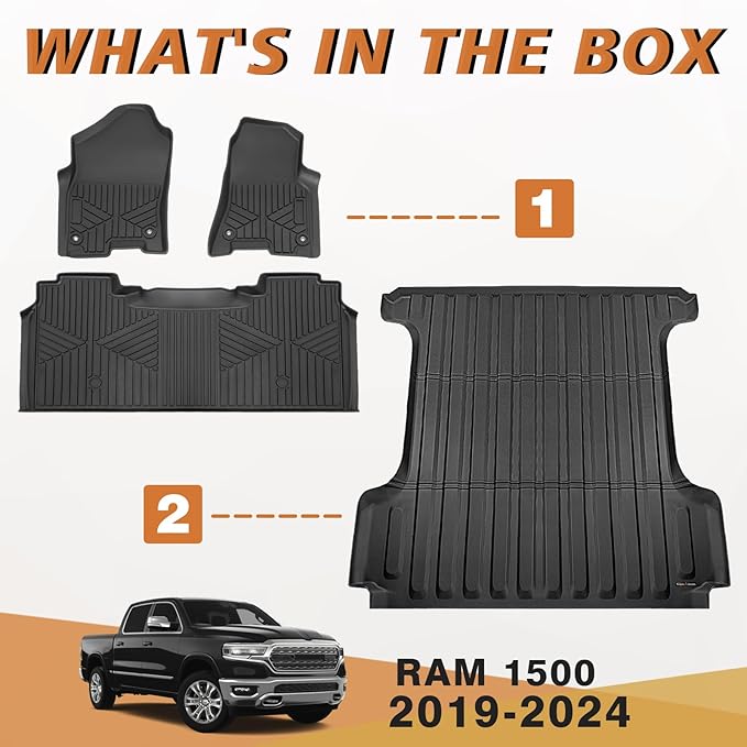 TripleAliners Truck Bed Mat & Floor Mats Front Rear Full Set Compatible with 2019-2025 RAM 1500 Accessories All Weather TPE Liners Carpets Mat Custom Fit (Truck Bed Mat+Floor Mats)
