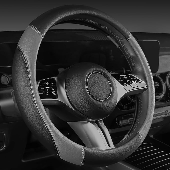 CAR PASS Faux Leather Steering Wheel Cover and Waterproof Car Floor Mats,Universal Car Combo Fit for 95% Sedan,SUV,Cars,14.5-15inch Sporty Anti-Slip Safety Comfortable Design(Black&Gray)