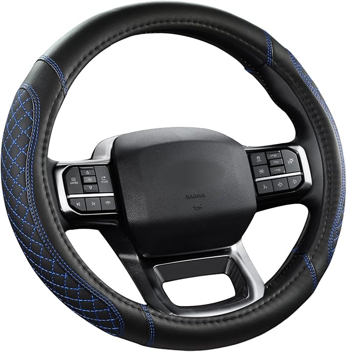 West Llama Customized Auto Car Steering Wheel Cover for Ford F-150, F-250, F-350, Expedition(Diamond Quilted - Black+Blue)