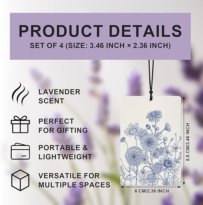 Chinoiserie Vintage Floral Car Air Freshener 4 Pcs, Blue and White Cottagecore Flower Hanging Air Freshener for Cars Closet Drawer Books, Grandmillennial Car Accessories Mirror Decor for Women
