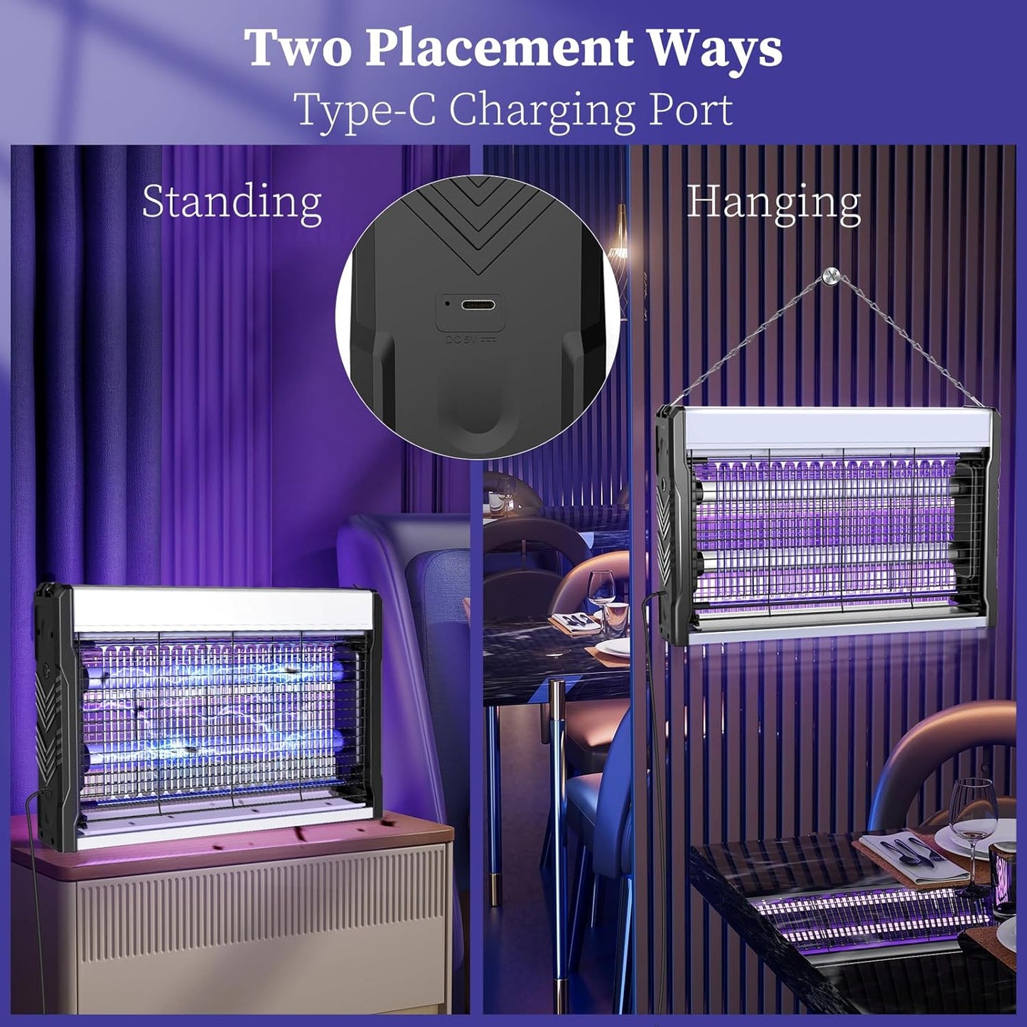 PALONE Electric Bug Zapper 3200V Mosquito Zapper Killer Indoor Insect Killer with Hanging Chain Mosquito Trap with Removable Collection Tray USB Electric Bug Zapper Outdoor for Home Office (16 in)