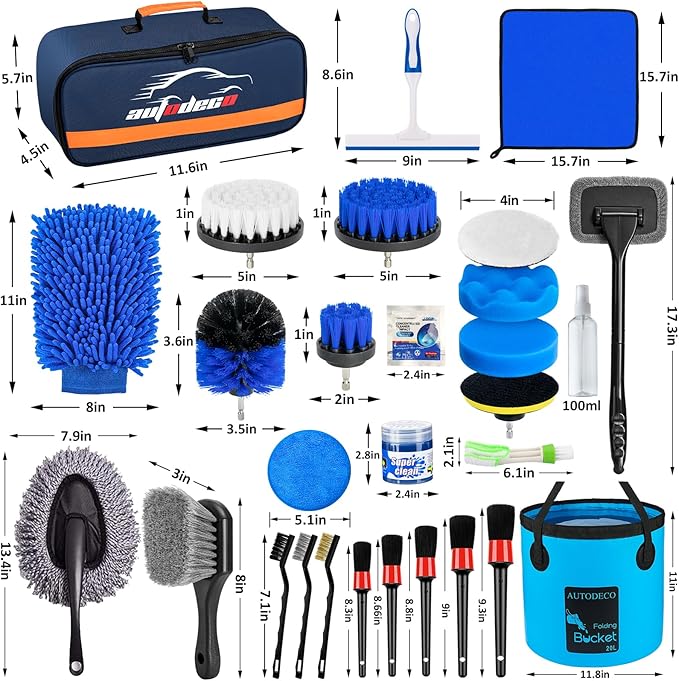 AUTODECO 34Pcs Car Detailing Brush Set, Car Detailing Kit, Auto Detailing Drill Brush Set, Car Detailing Brushes, Car Wash Cleaning Tools Kit for Interior, Exterior, Wheels, Blue