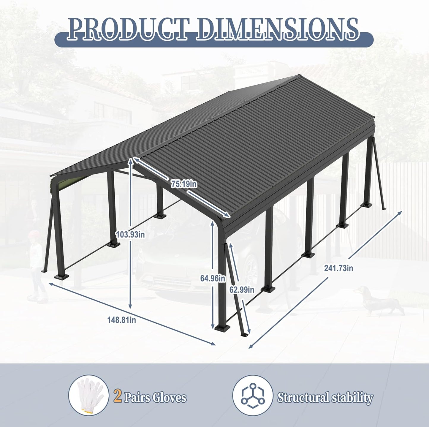 12x20 FT Metal Carport, Heavy Duty Car Port Canopy with Galvanized Steel Roof & Frame, Large Metal Carport Kit, Outdoor Car Garage, Steel Car Shelter for Car, Boat, Truck, Dark Gray