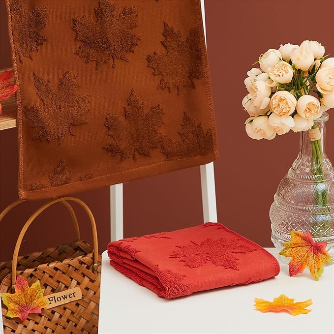 4 Pack 3D Fall Maple Leaf Hand Towel Cotton Autumn Thanksgiving Bathroom Towels Absorbent Jacquard Design Brown Crimson Kitchen Face Towels for Home Decor Cleaning Gift 14 x 30
